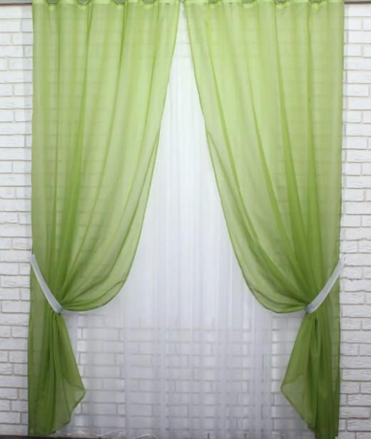 Комплект штор із підв'язками декоративний шифон 4х2,7 м/тюль 1,5x2,7 м Оливковий/Білий (022дк)
