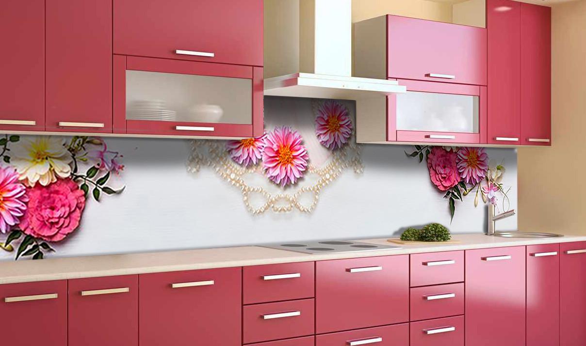 Кухонный фартук Жемчужные бусы/цветы из самоклеющейся виниловой пленки 60х250 см Белый