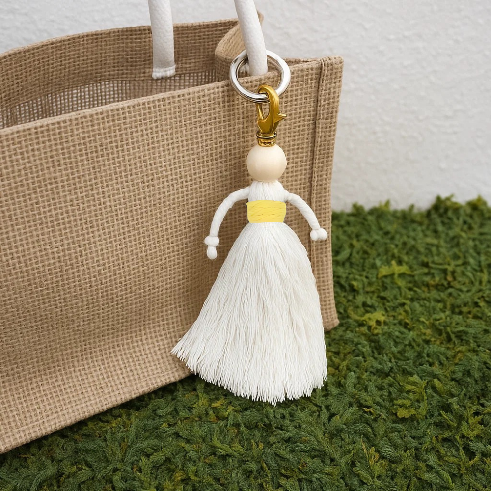 Набор макраме для рукоделия и творчества для ручной вязки и плетения брелока Куколка для ключей и аксессуаров Белый с желтым
