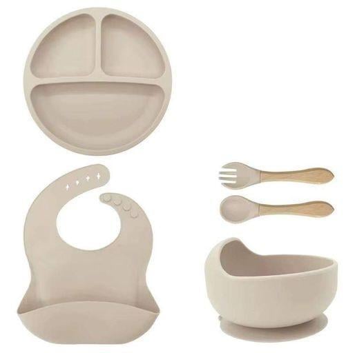 Дитячий набір посуду для годування 5в1 силіконовий Бежевий (Е051502)