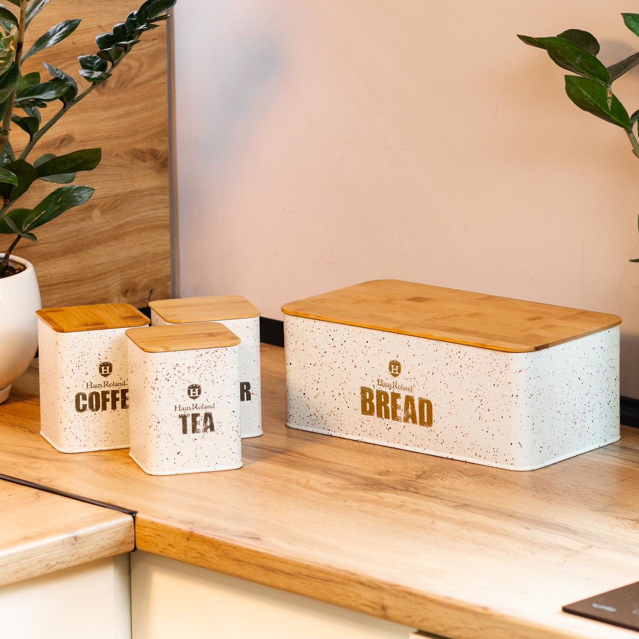 Набор для хранения продуктов чая/кофе/хлеба Haus Roland из нержавеющей стали с бамбуковыми крышками Белый
