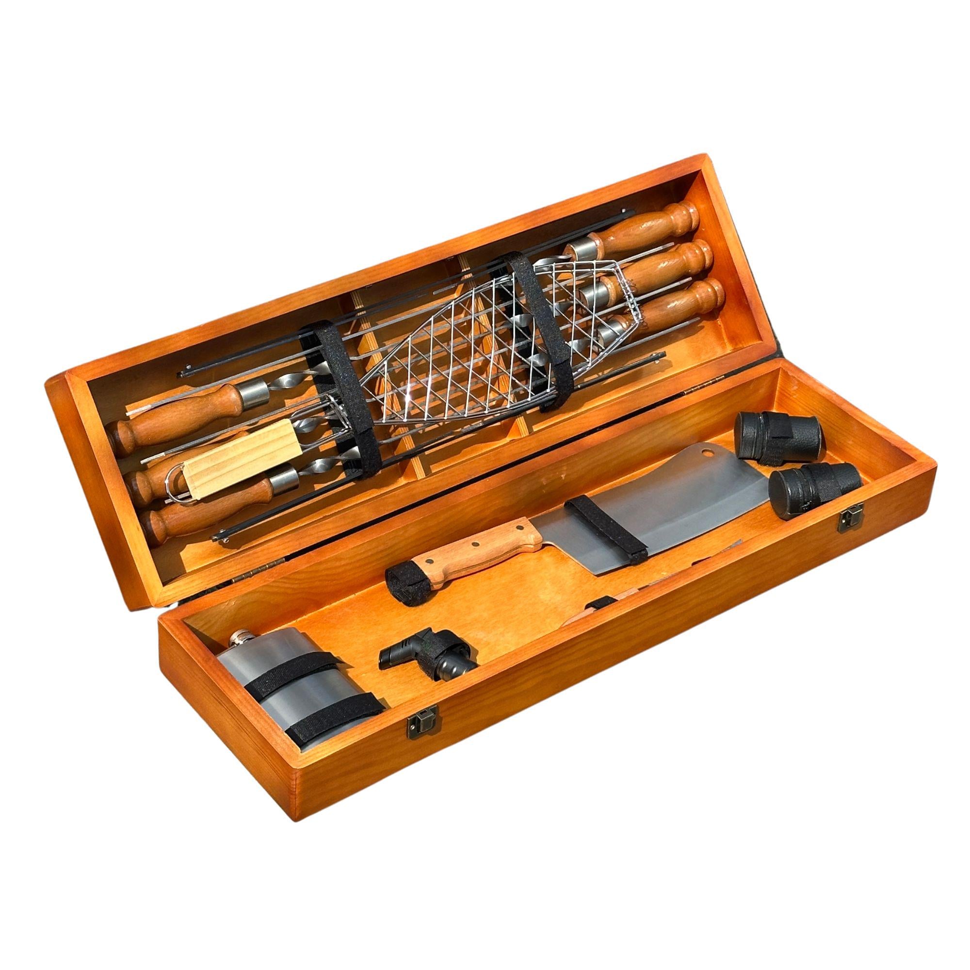 Подарунковий набір шампурів у кейсі Mzavod Майстер BBQ з дерев'яними ручками 20 предметів Світле дерево (147-17-1190210000804)