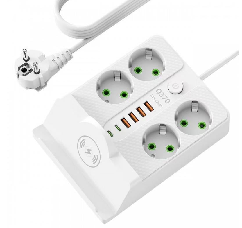 Сетевой фильтр с беспроводной зарядкой 4 розетки 4 USB 2 Type-C PD 5 м Белый