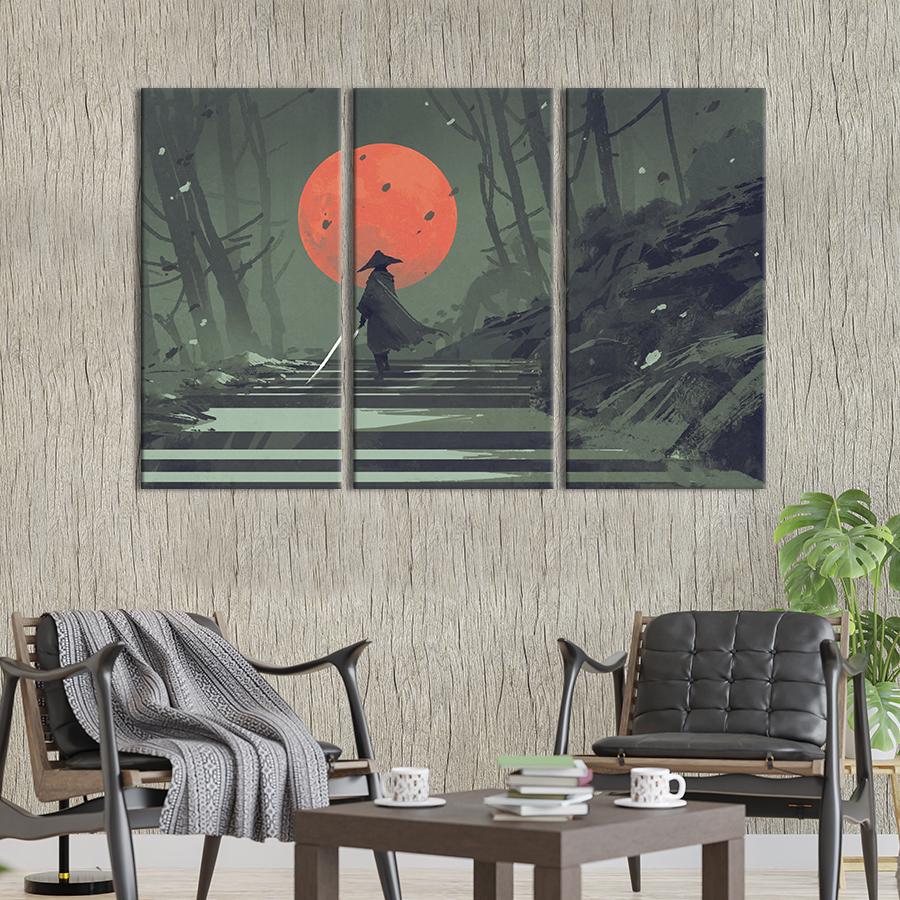 Модульная картина триптих Самурай и красное солнце 78x48 см (513-31)