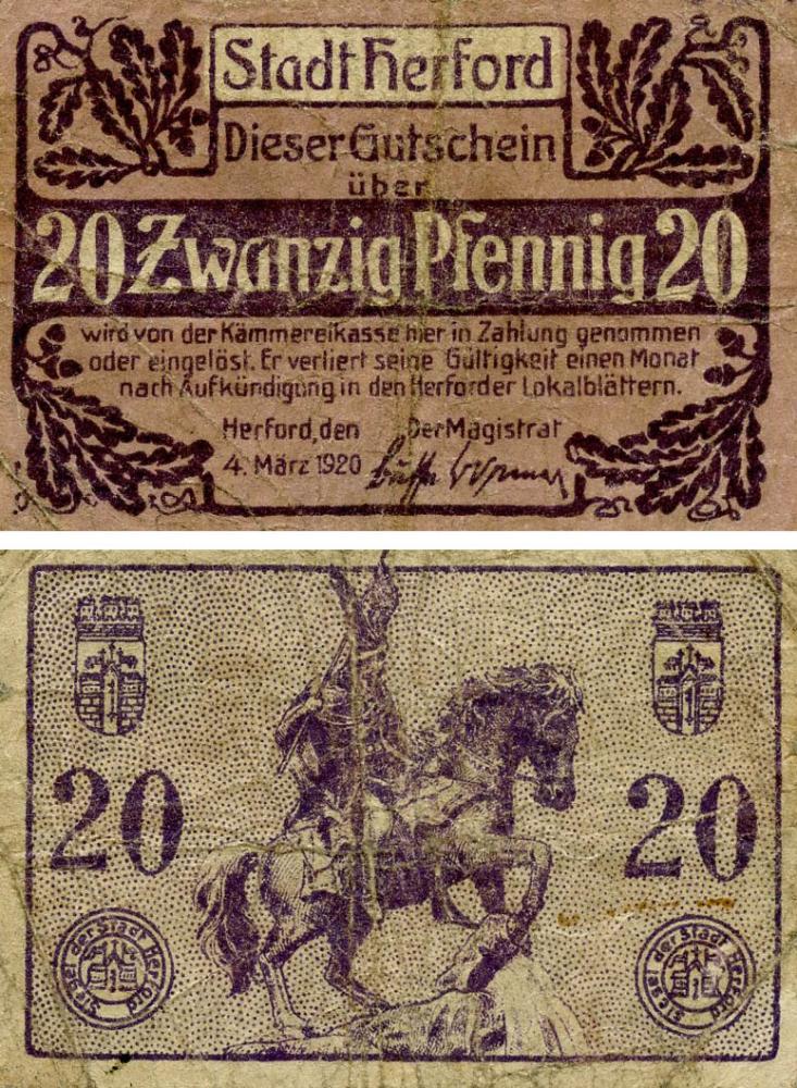 Коллекционная банкнота Германия Нотгельд 20 пфеннигов 1920 F-VF Херфорд (Б18507)