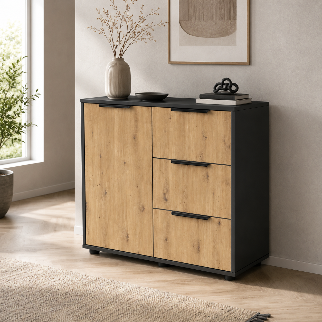Комод Elva 800x450x750 з шухлядами та полицями Дуб Артізан/Антрацит (Elva DA/AN)