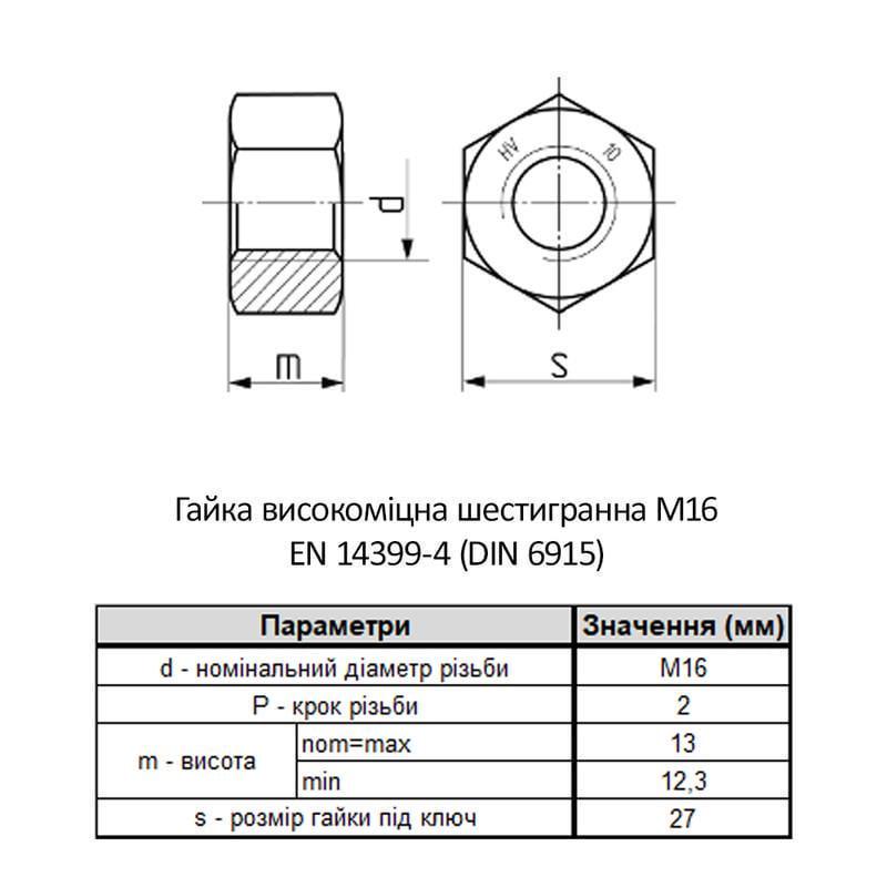 Гайка шестигранна VARVIT M16 EN14399/4 сталь 10 крок 2 під ключ 27 мм без покриття 5 шт. (6HV0000006HV1600E0) - фото 2 Гайка шестигранна VARVIT M16 EN14399/4 сталь 10 крок 2 під ключ 27 мм без покриття 5 шт. (6HV0000006HV1600E0) - фото 2
