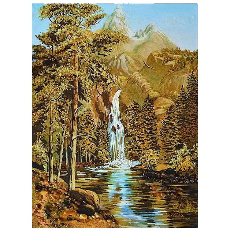 Картина Горный водопад из янтаря 20х30 см (К0129-20х30)