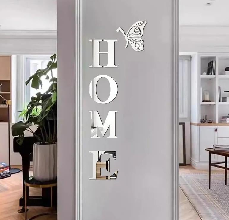 Наклейки зеркальные пластиковые буквы 18 см HOME с бабочкой (34966607)
