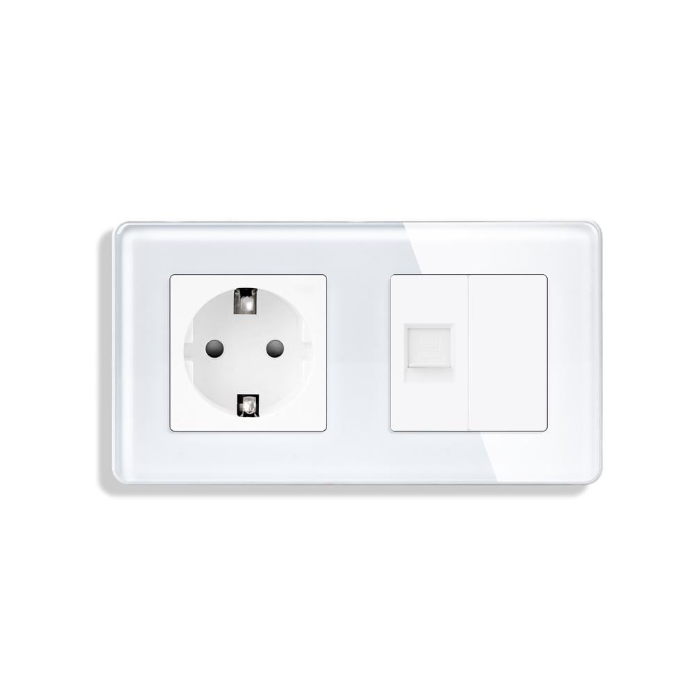 Розетка настенная ELIOS силовая/интернет RJ-45 дизайнерская стеклянная рамка Белый (TW-M2FCAT6BLK-WT)
