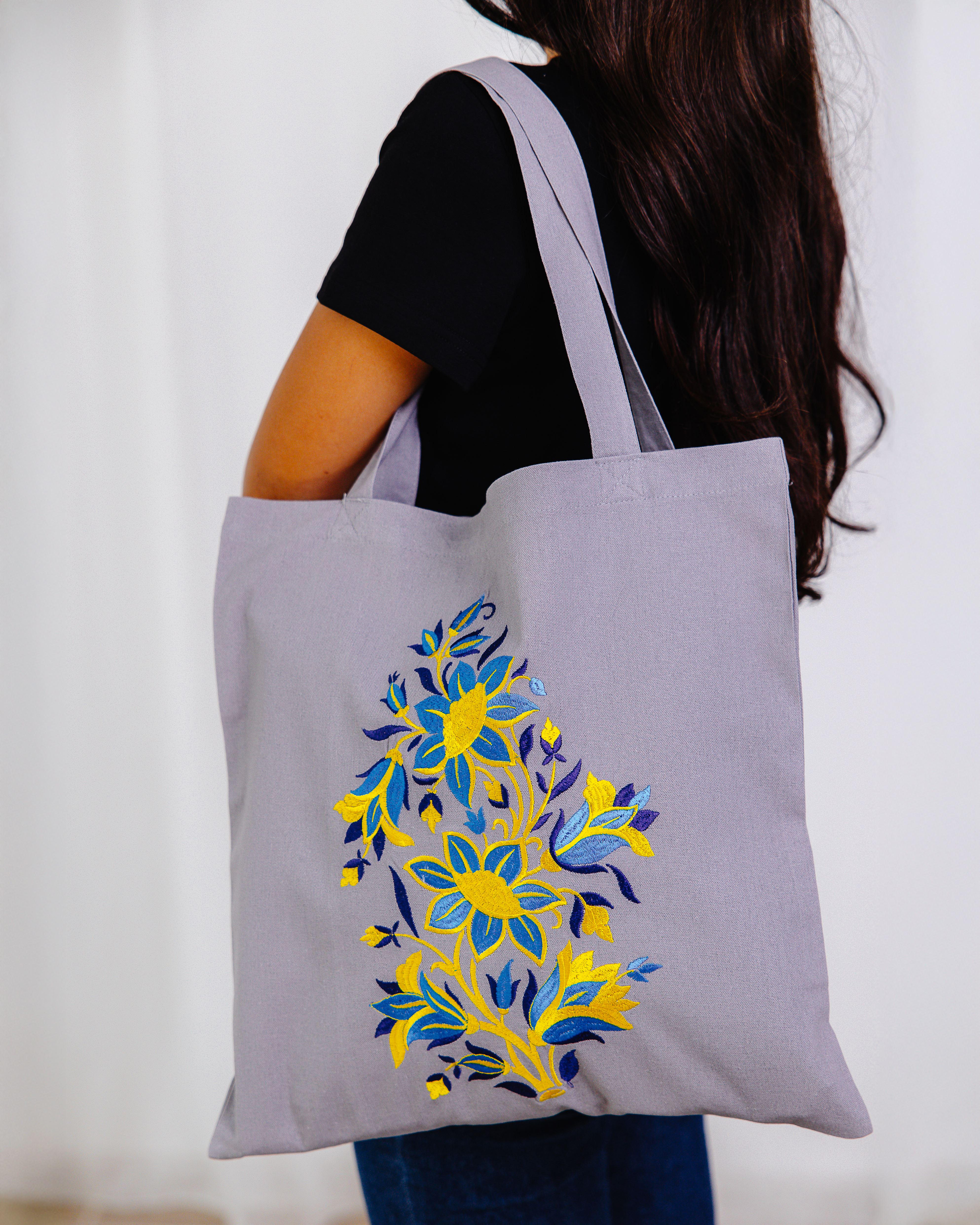 Шопер с вышивкой Весенние колокольчики Серый (0001467)