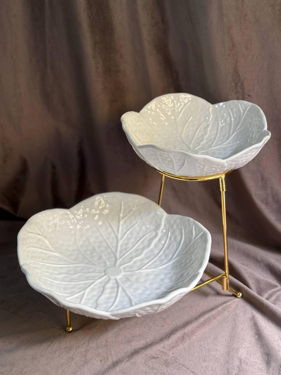 Фруктовница Yiwu C251 фарфоровая на металлической подставке 2 яруса 35х25х26 см Белый (30041786)