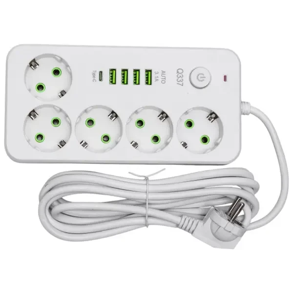 Фильтр-удлинитель сетевой 5 розеток 4 USB-A 1 Type-C кабель 3 м 2500 Вт Белый