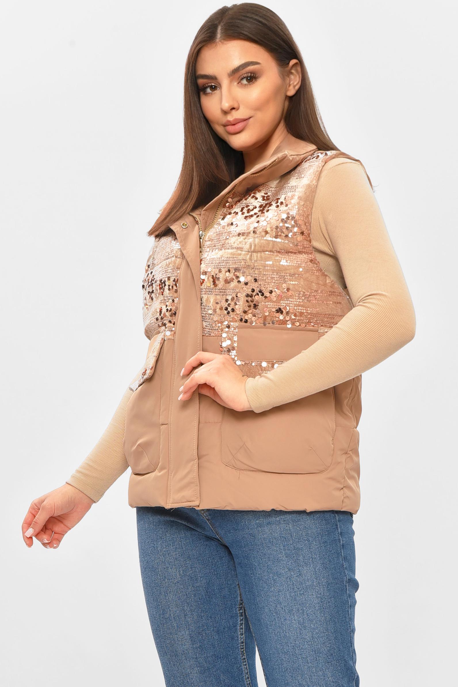 Жилетка жіноча однотонна 206132 з паєтками M Темно-бежевий - фото 2 Жилетка жіноча однотонна 206132 з паєтками M Темно-бежевий - фото 2