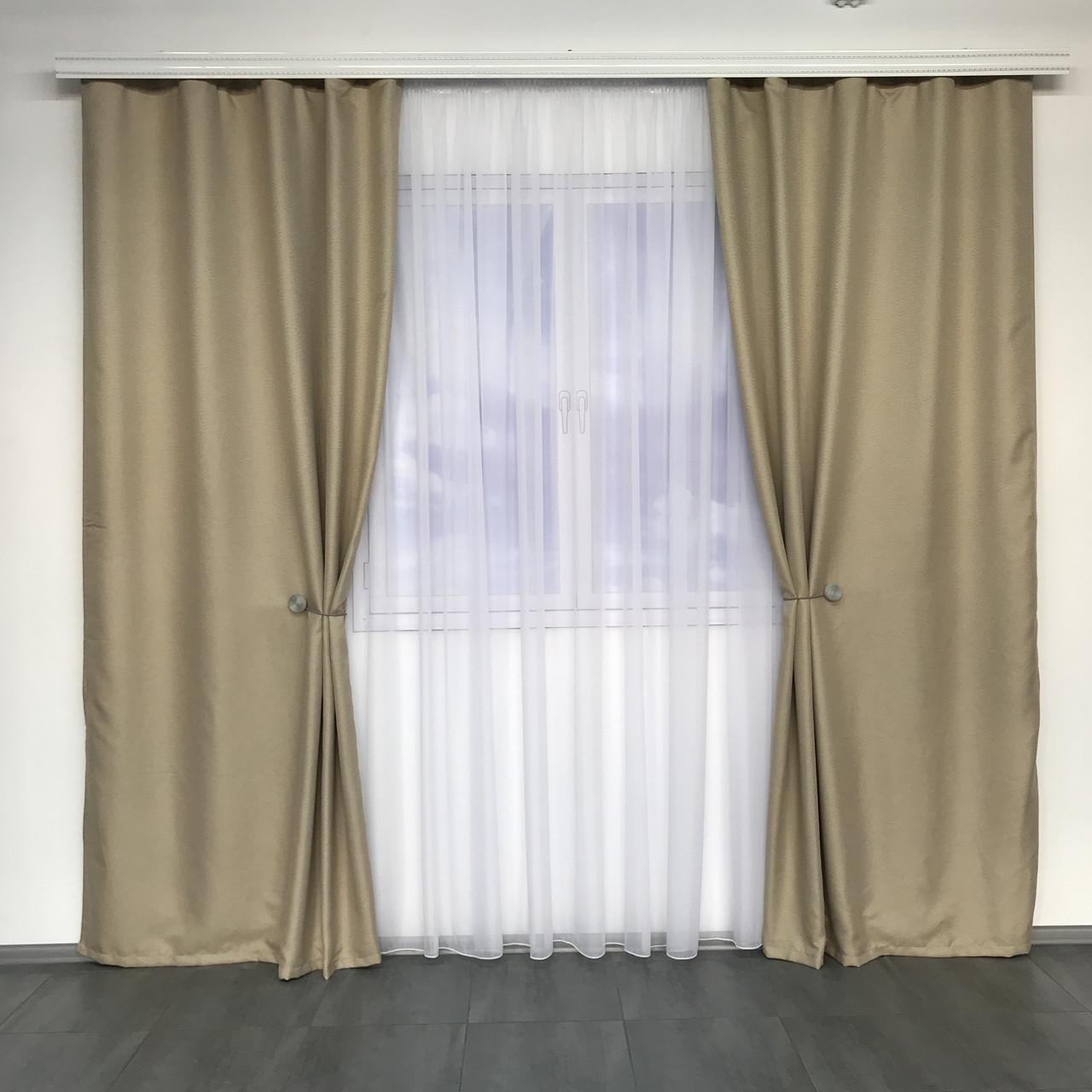 Шторы готовые для спальни и гостиной льняные с тюлем плотные Бежевый