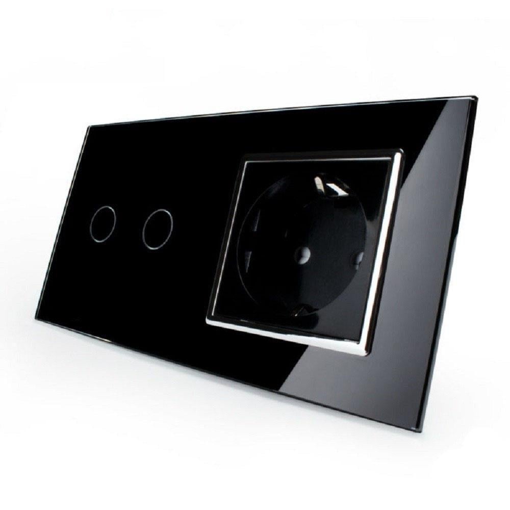 Выключатель сенсорный Livolo радиоуправляемый 2 канала с розеткой стеклянный Черный (VL-C702R/C1EU-12C)