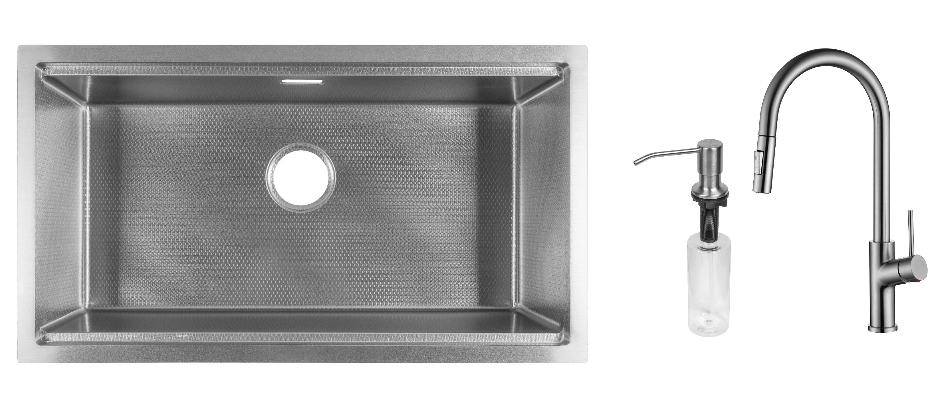 Комплект из кухонной мойки Gunter&Hauer Federbach 8022 Inox Honey кухонного смесителя Gunter&Hauer MOND Br и дозатора Gunter&Hauer Soap Dispenser Inox