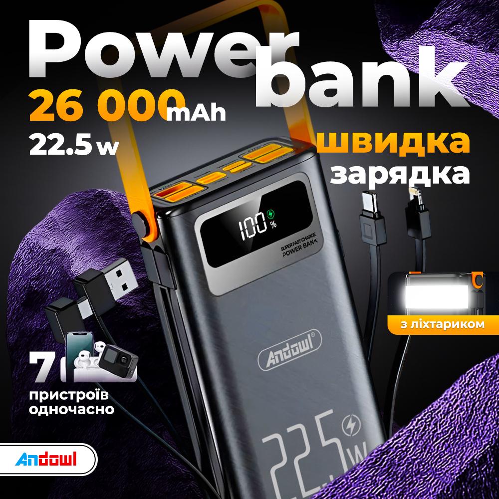 Повербанк AndoWl Q-XD7X1 26000 mah 22,5W с быстрой зарядкой/фонарем/дисплеем для телефона/роутера Черный (8dd272fd) - фото 2 Повербанк AndoWl Q-XD7X1 26000 mah 22,5W с быстрой зарядкой/фонарем/дисплеем для телефона/роутера Черный (8dd272fd) - фото 2
