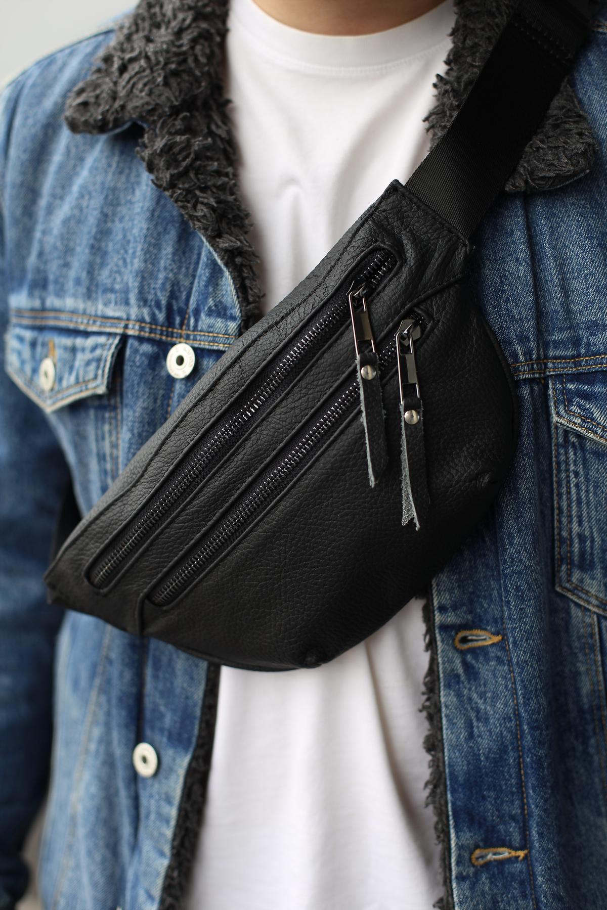 Поясная сумка-бананка SKILL Two Line из натуральной кожи Черный (SKL-008)