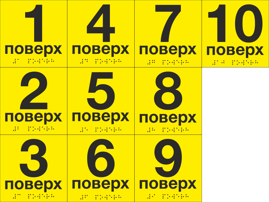 Комплект табличек тактильных со шрифтом Брайля "1-106 поверх" 100х100 мм Желтый
