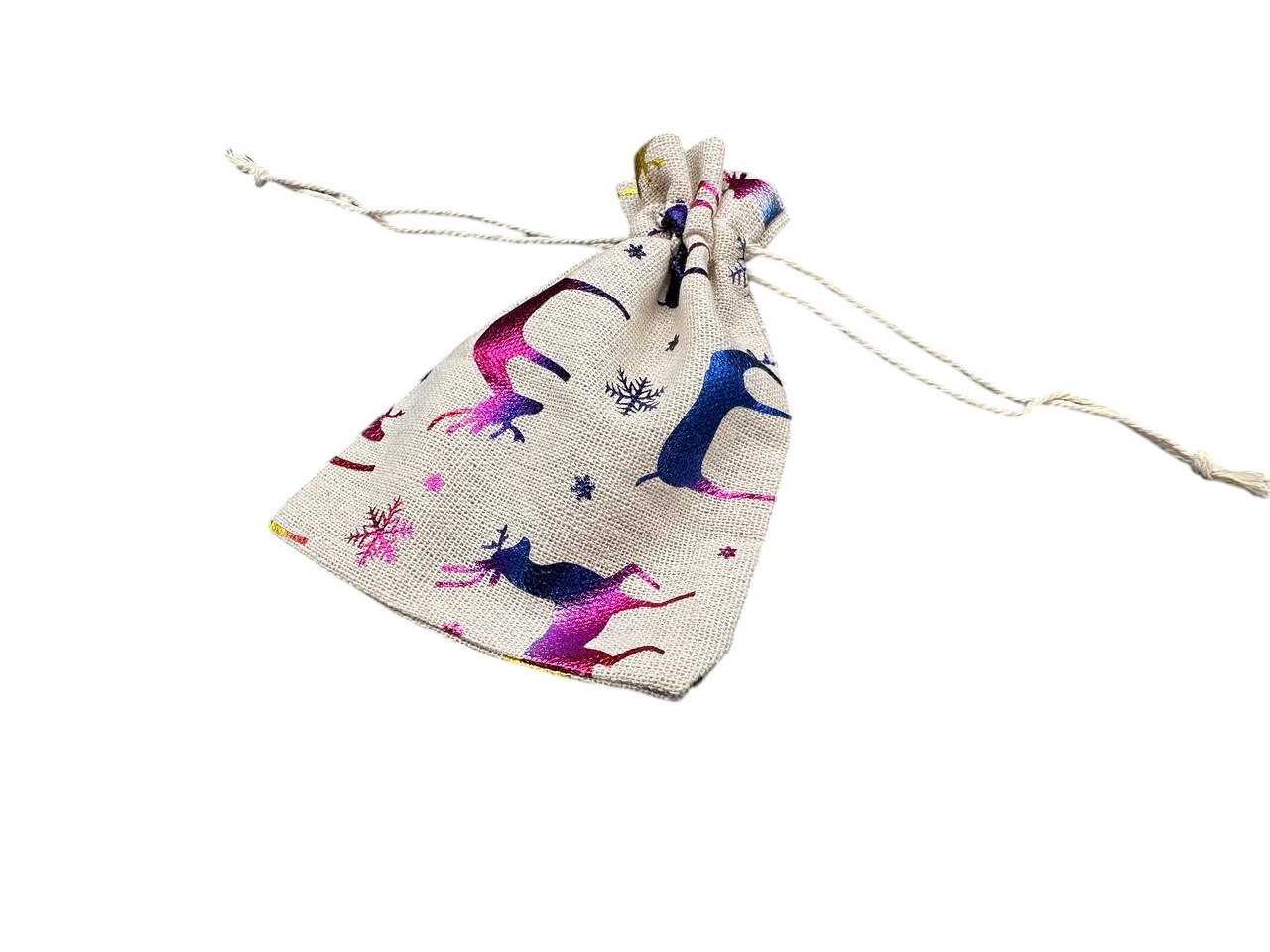 Подарунковий мішечок з принтом Олені на затяжках з мішковини 14х10 см Різнокольоровий (BGN-111)