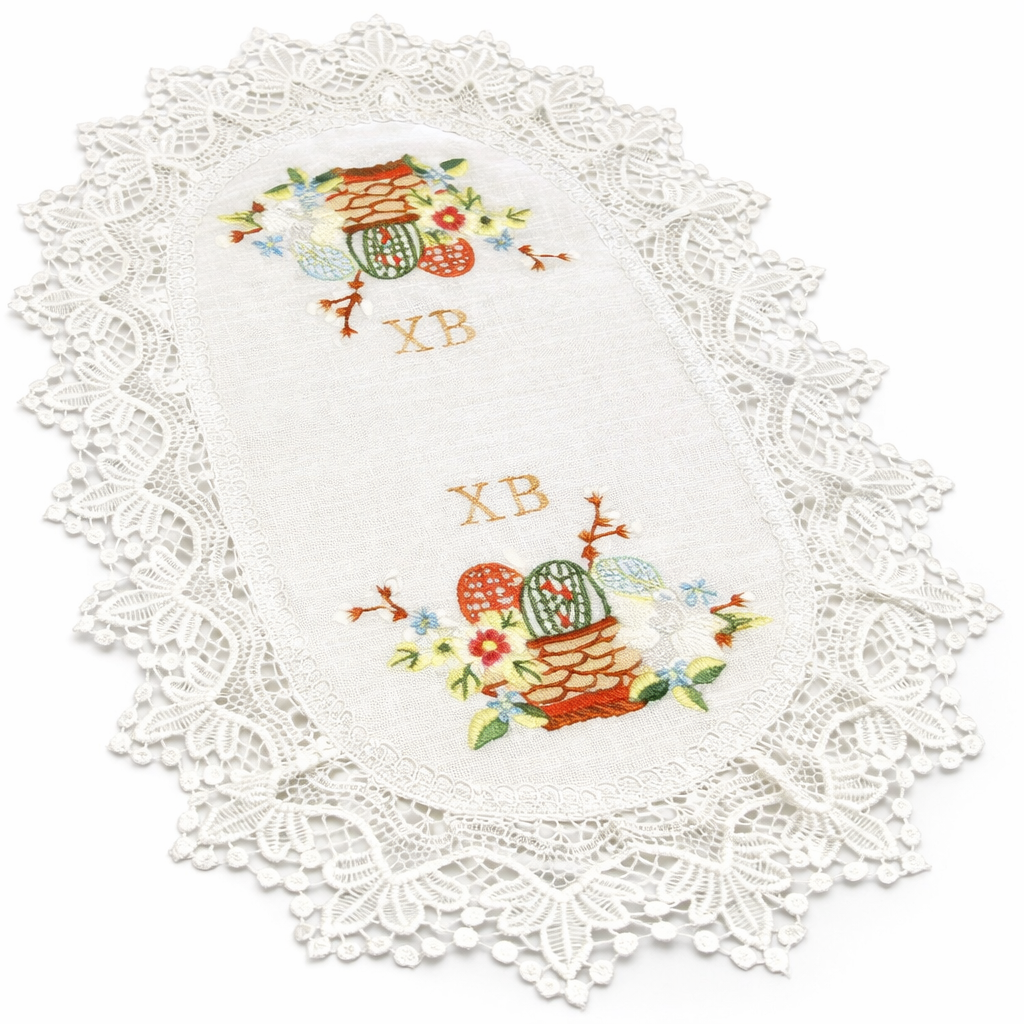 Салфетка пасхальная "ХВ" и Писанки с кружевом и вышивкой для пасхальной корзины (9907) Салфетка пасхальная "ХВ" и Писанки с кружевом и вышивкой для пасхальной корзины (9907)