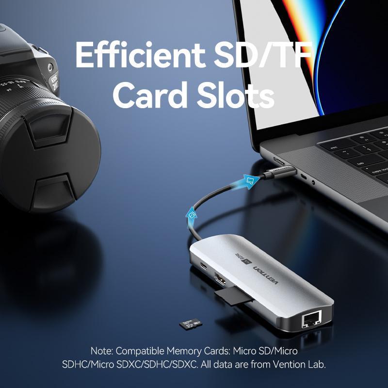 USB-хаб Vention Type-C-3x USB 3.0/5 Гбит/с HDMI 4K 60Hz/Type-C PD 100W/SD/TF карты RJ45 1 Гбит/с USB-C Серый (TQKHB) - фото 9 USB-хаб Vention Type-C-3x USB 3.0/5 Гбит/с HDMI 4K 60Hz/Type-C PD 100W/SD/TF карты RJ45 1 Гбит/с USB-C Серый (TQKHB) - фото 9