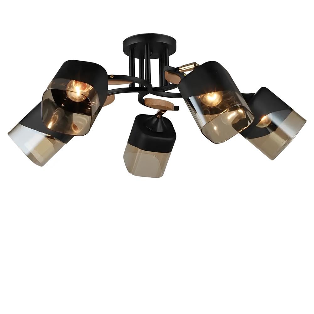 Люстра стельова Light House SR-20295/5 BK/WOOD D660хH260 E27 плафон чорний з бурштиновим Чорний/Дерево