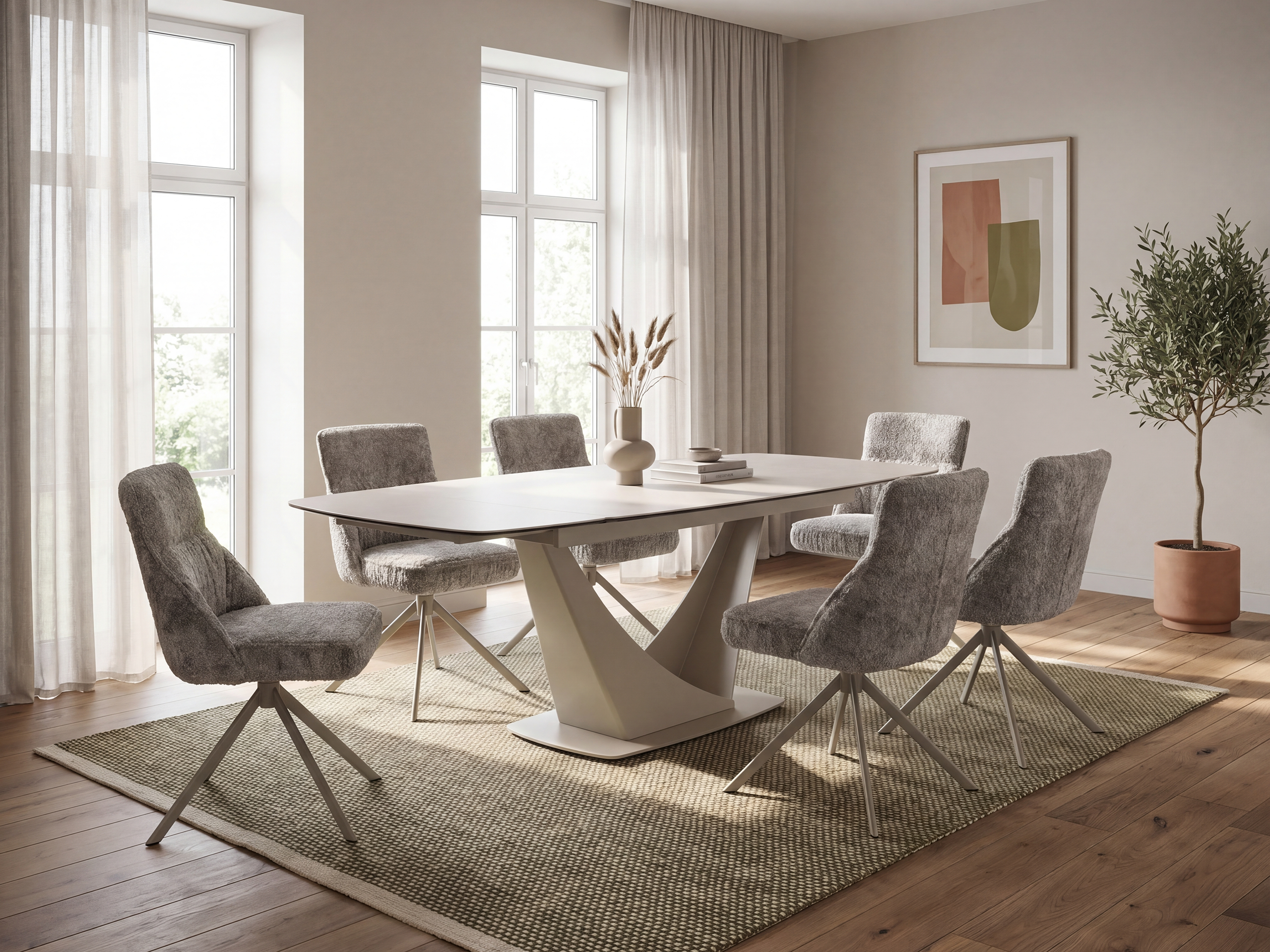 Комплект Пёрл Капучино Vetro Керамический стол Элио TML-990 140(200)х90х76 см Сахара + Стулья поворотные R-168 жемчужный тауп 6 штук
