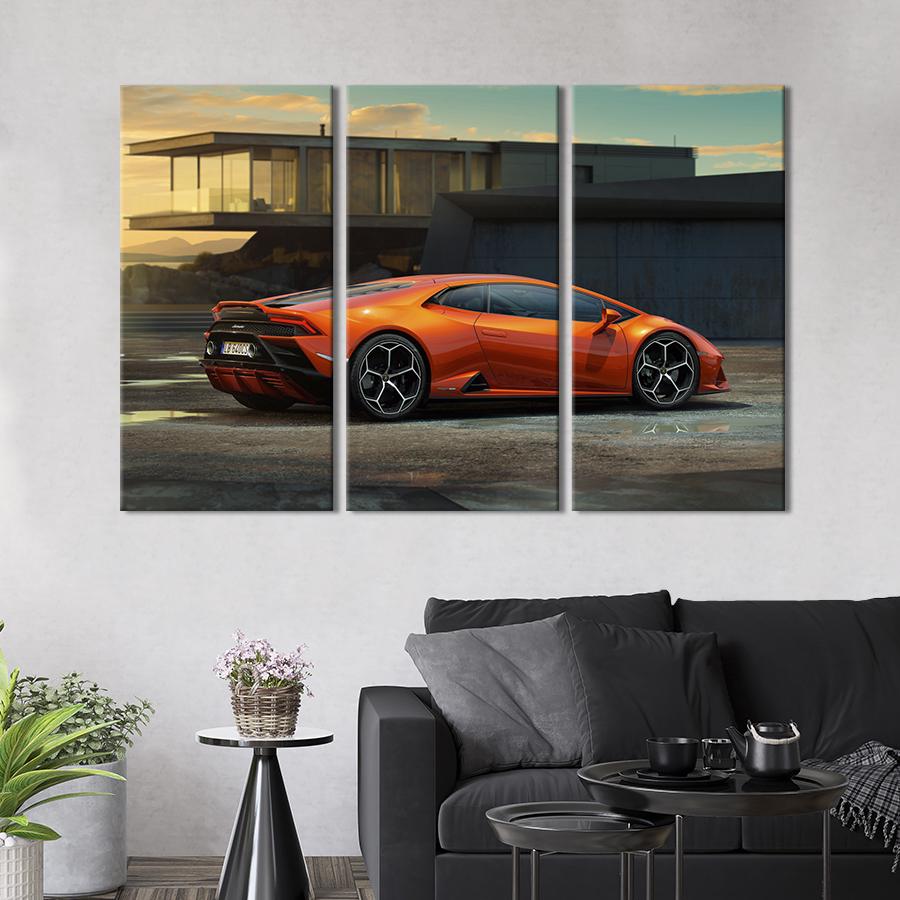 Картина на холсте триптих Lamborghini Huracan Evo в оранжевом цвете 128x81 см (1341-31)