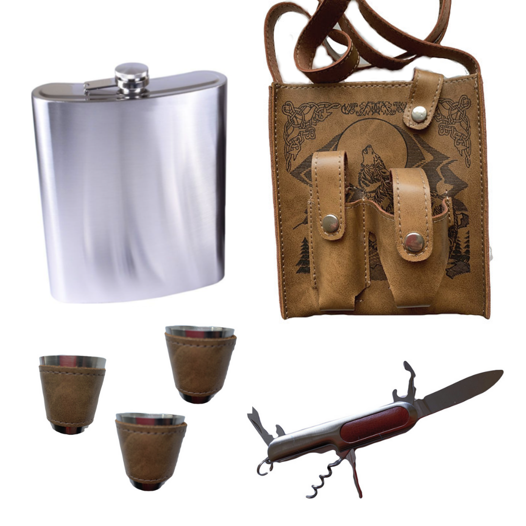 Набор Волк из фляги 530 мл в чехле с 3 стаканчиками и складным ножом Набор Волк из фляги 530 мл в чехле с 3 стаканчиками и складным ножом