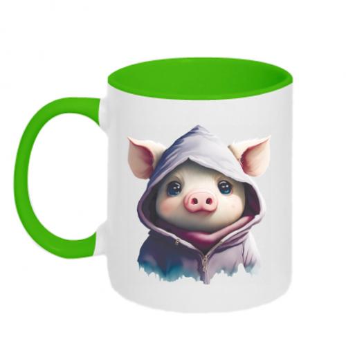 Чашка керамическая двухцветная Милый поросенок в капюшоне 320 мл Зеленый/Белый (13676033-37-185486)