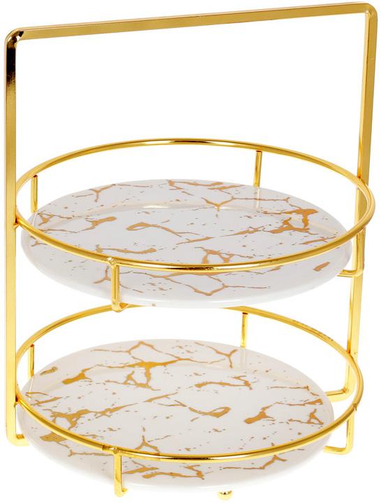Блюдо фуршетная стойка Мраморная Роскошь Ø 28 см 2-х ярусная фарфор круглая Белый мрамор (BD-954-515)