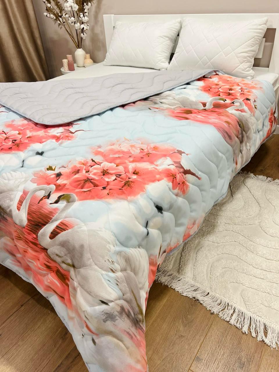 Одеяло летнее двухстороннее с рисунком двуспальное 180x210 см Серый (27455735)