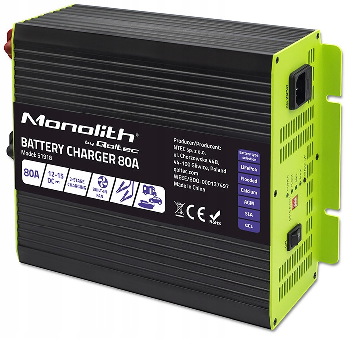 Зарядное устройство для аккумуляторов Qoltec LiFePO4 AGM GEL SLA 80A 12V (25018488) Зарядное устройство для аккумуляторов Qoltec LiFePO4 AGM GEL SLA 80A 12V (25018488)