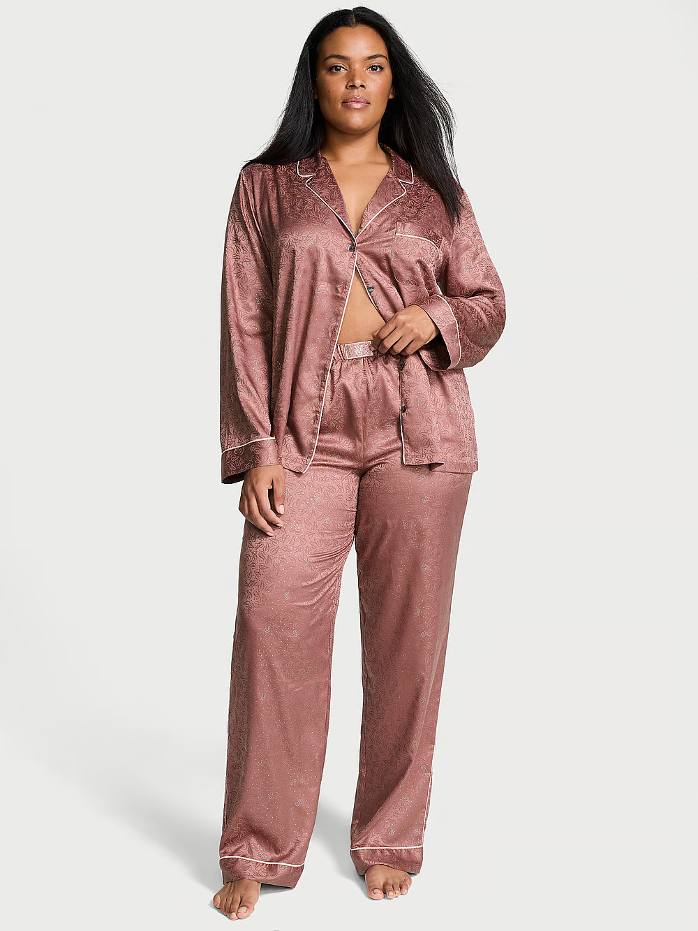 Піжама жіноча Victoria's Secret Glazed Satin Dew Drop Long Pajama Set сатинова M Чайна троянда (23363415)