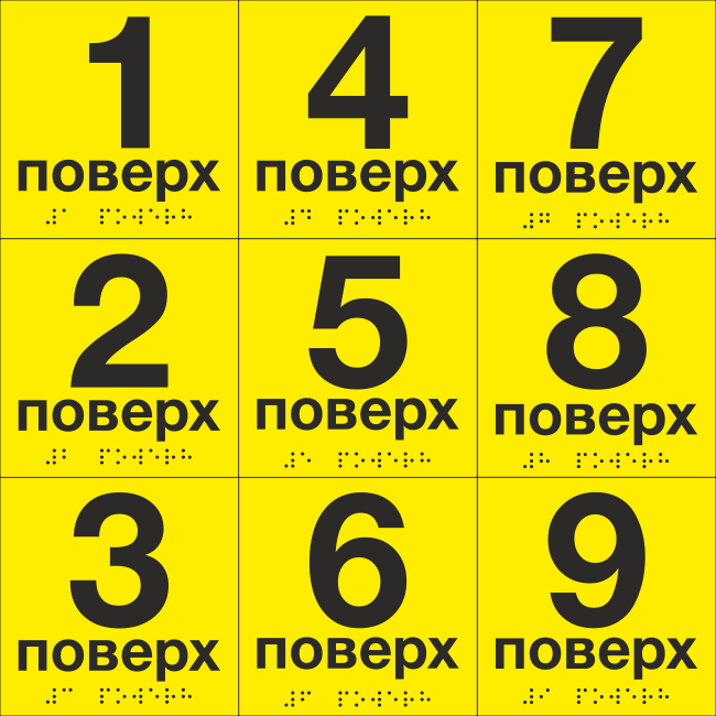 Комплект табличек тактильных со шрифтом Брайля "1-9 поверх" 100х100 мм Желтый
