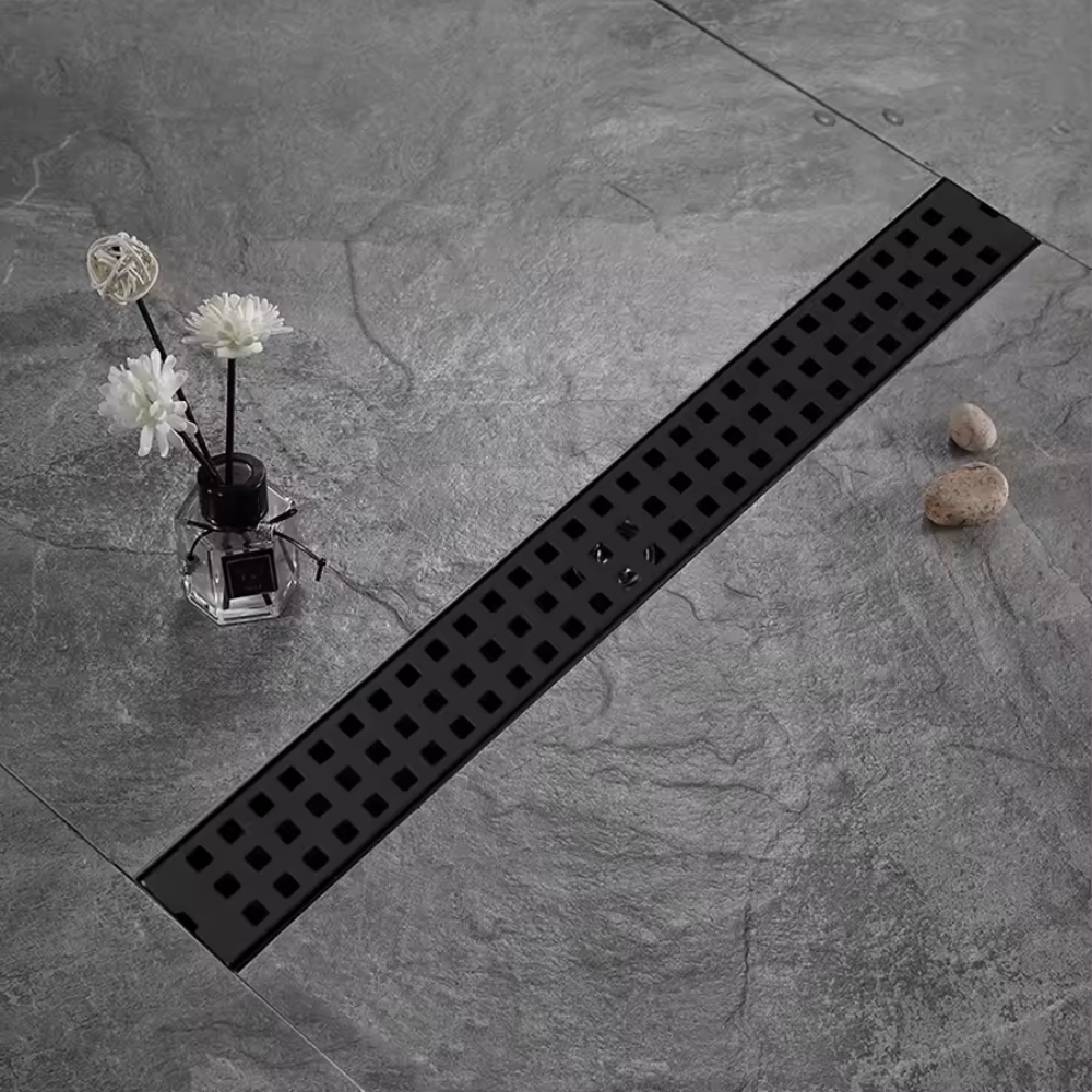 Трап для душу та ванної кімнати з нержавіючої сталі під плитку для зливу води підлоговий лінійний 60х6,8х2 см Чорний