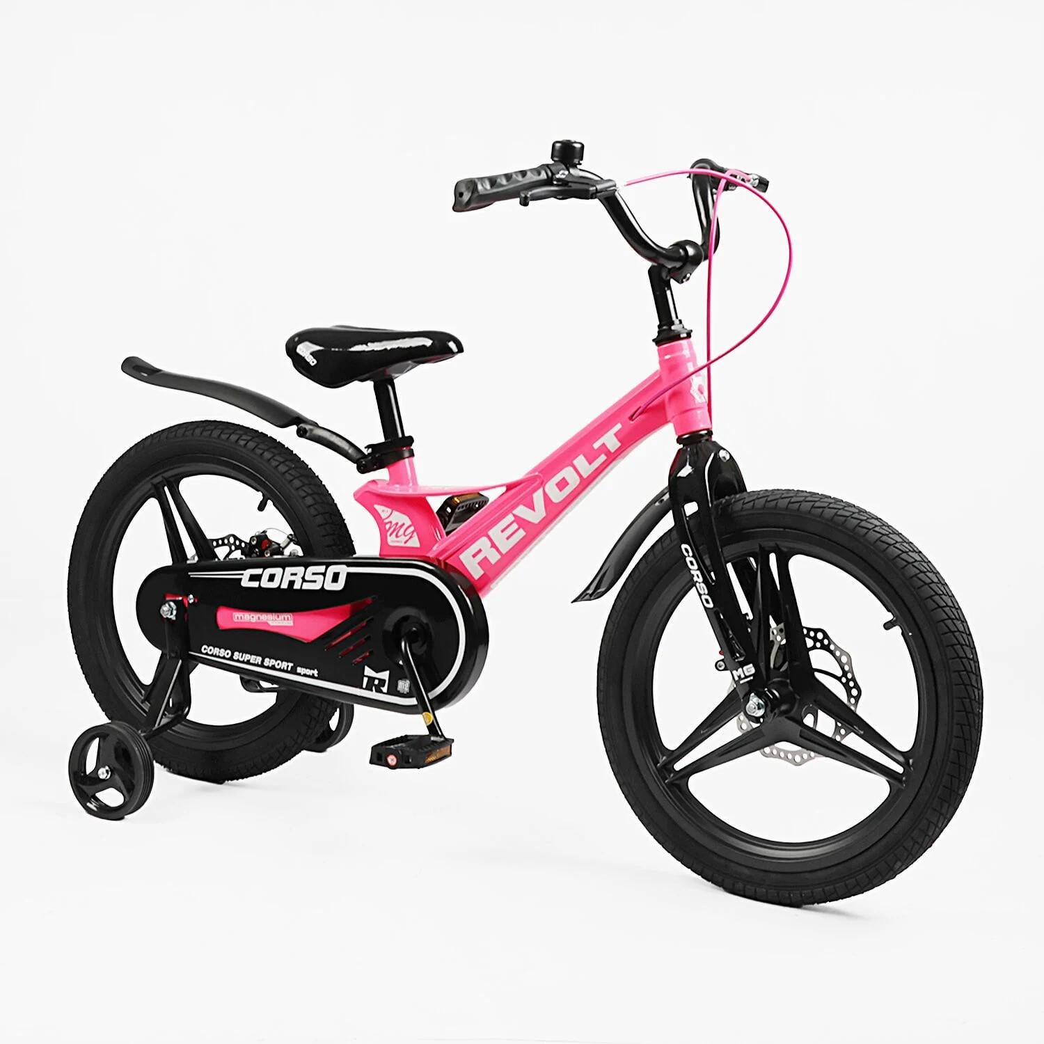 Детский велосипед Corso Revolt двухколесный 18" с дополнительными колесами Розовый (MG-18017)
