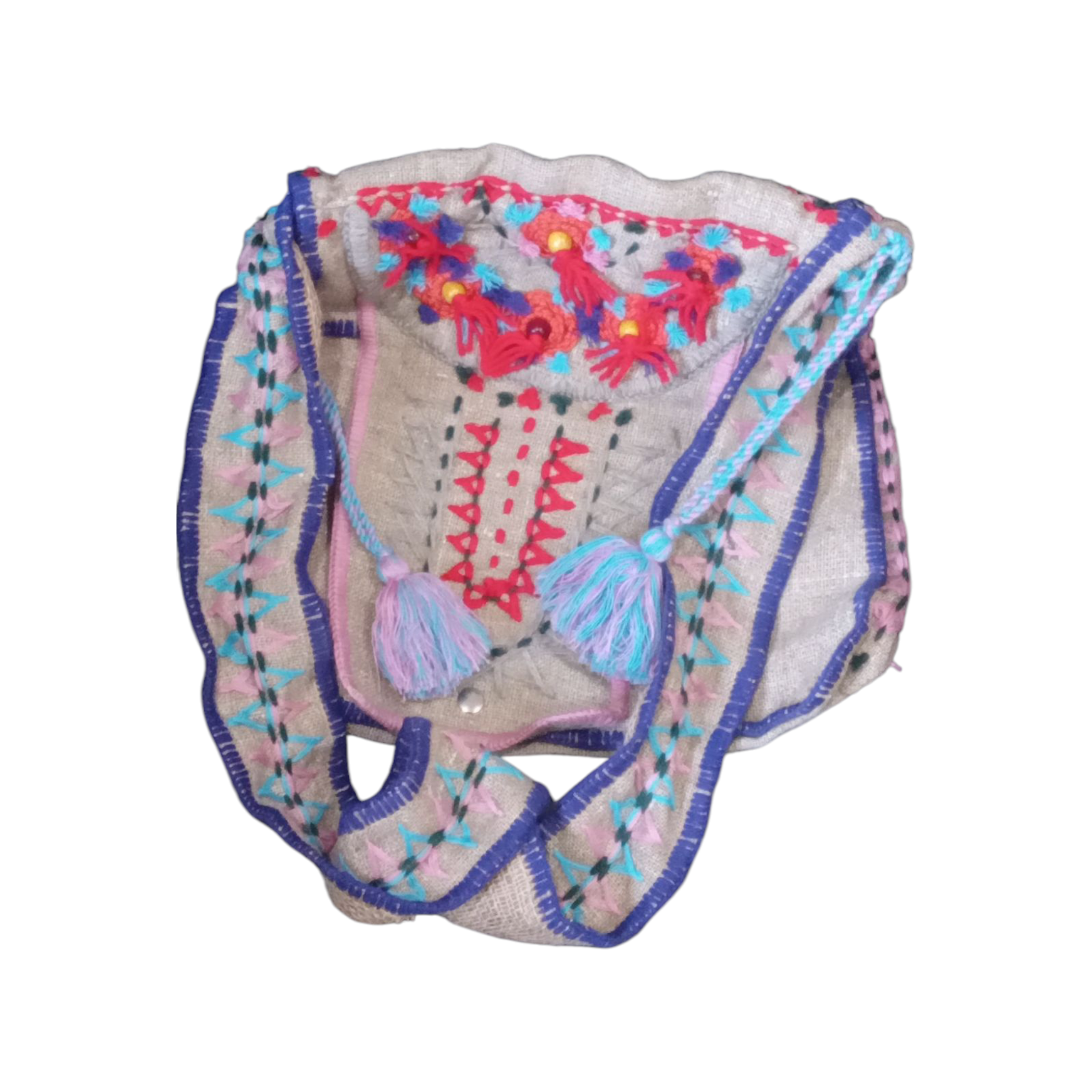 Сумка из мешковины ручной работы с кистями Фиолетовый/Розовый/Коричневый