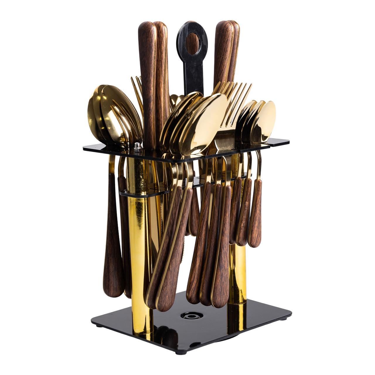 Набір столових приладів з нержавіючої сталі на 6 персон 24 прилади та підставка Золотий з деревом