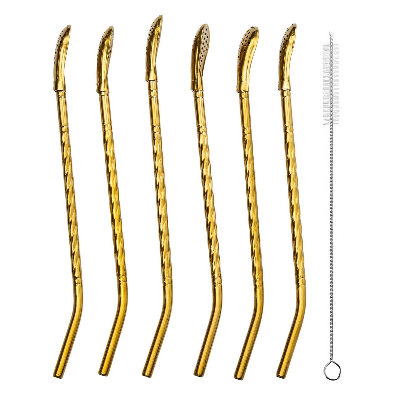 Набор многоразовых ложек-трубочек напитков со щеткой 6 шт. 19,5 см Золотистый (HP-20-56)