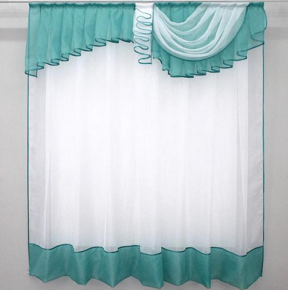 Занавеска на кухню/балкон шифон 150х170 см Бирюзовый/Белый (099к)