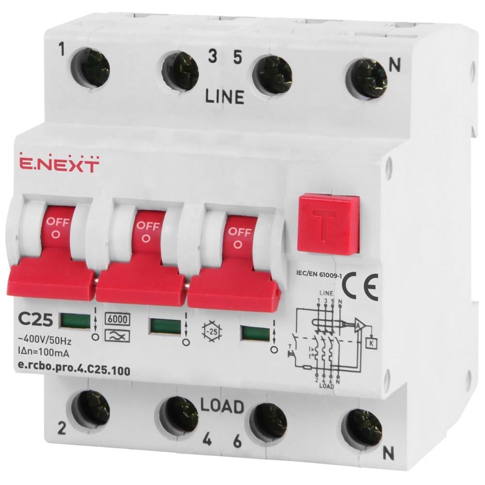 Дифавтомат E.NEXT 25A 100mA 6kA 4 полюси тип C тип A p0720022 e.rcbo.pro.4 (14505)