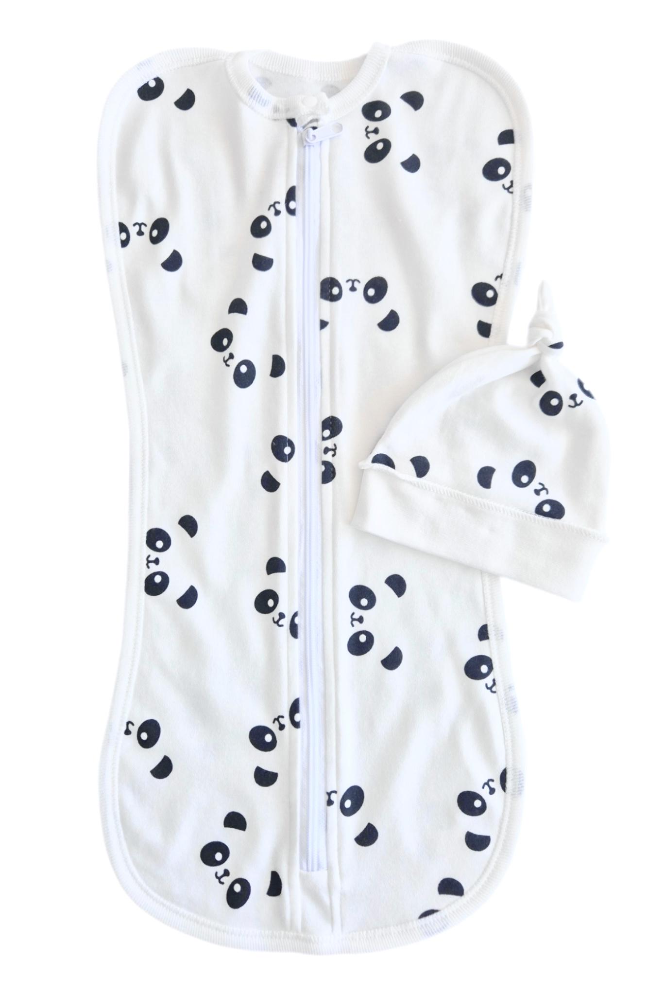Пеленка-кокон евро на молнии с шапочкой Панды интерлок №108 0-6 мес. Белый (143854)