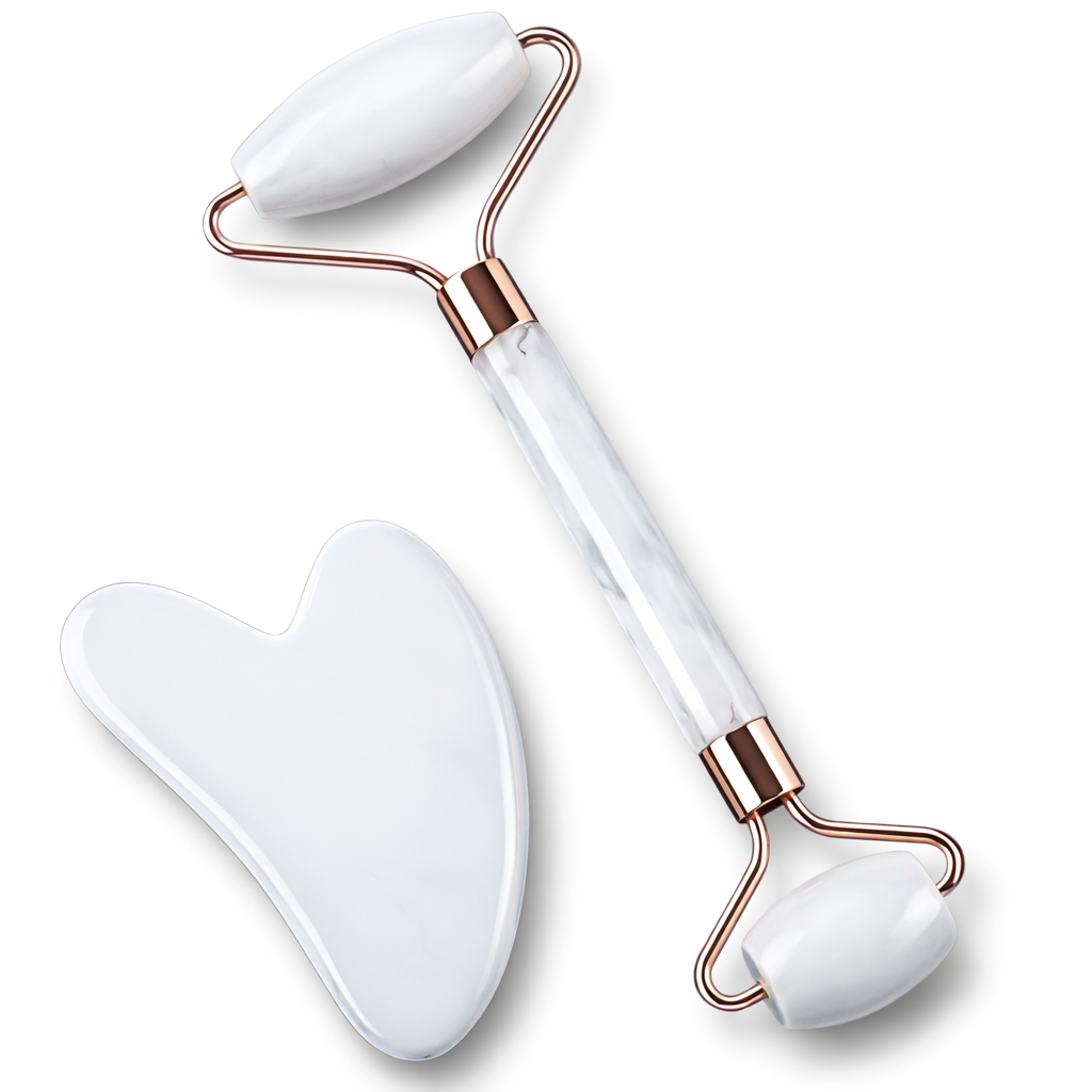 Скребок Гуаша с роликовым массажером из натурального белого нефрита 2в1