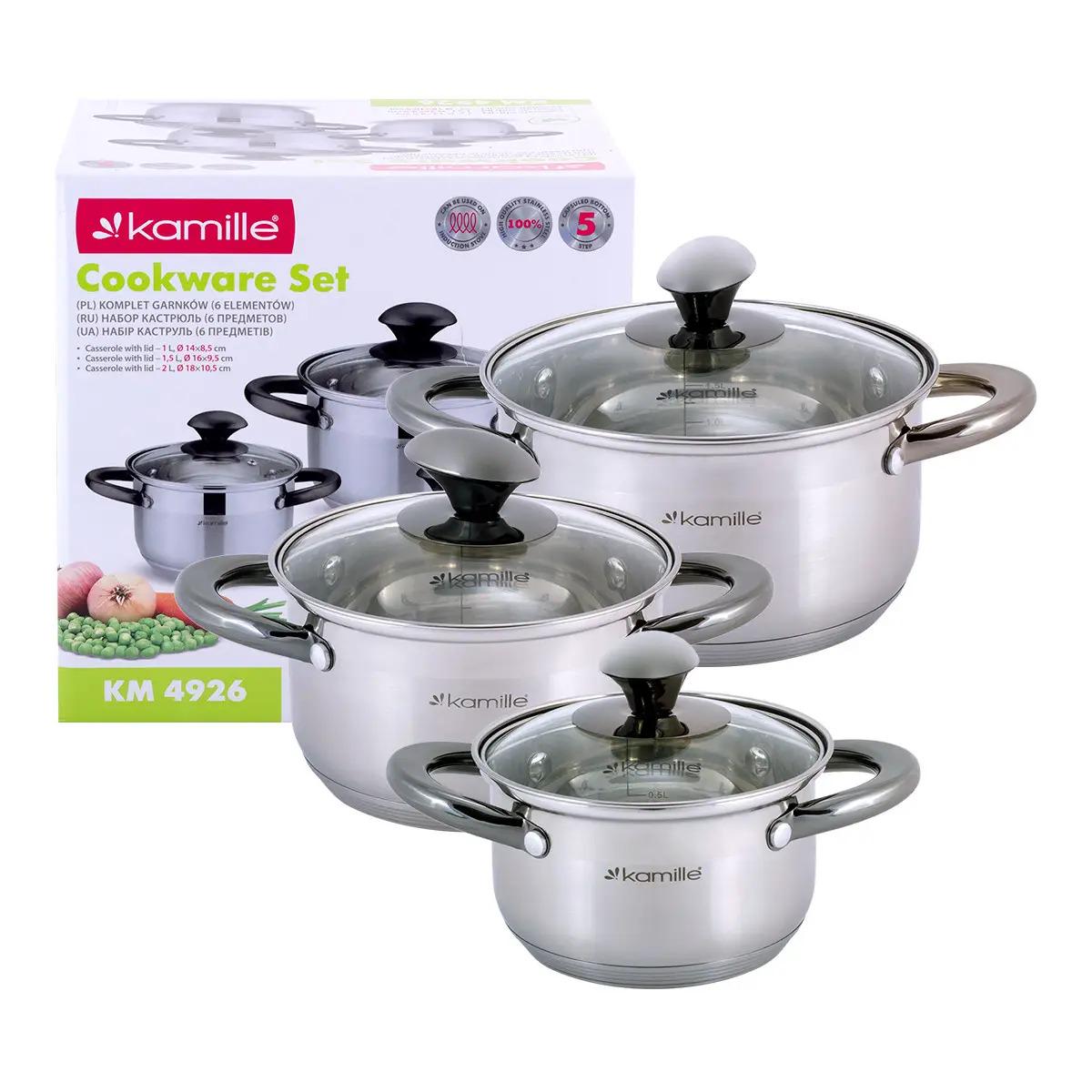Набор кастрюль Kamille из нержавеющей стали 1 л/1,5 л/2 л 6 пр. (KM-4926)