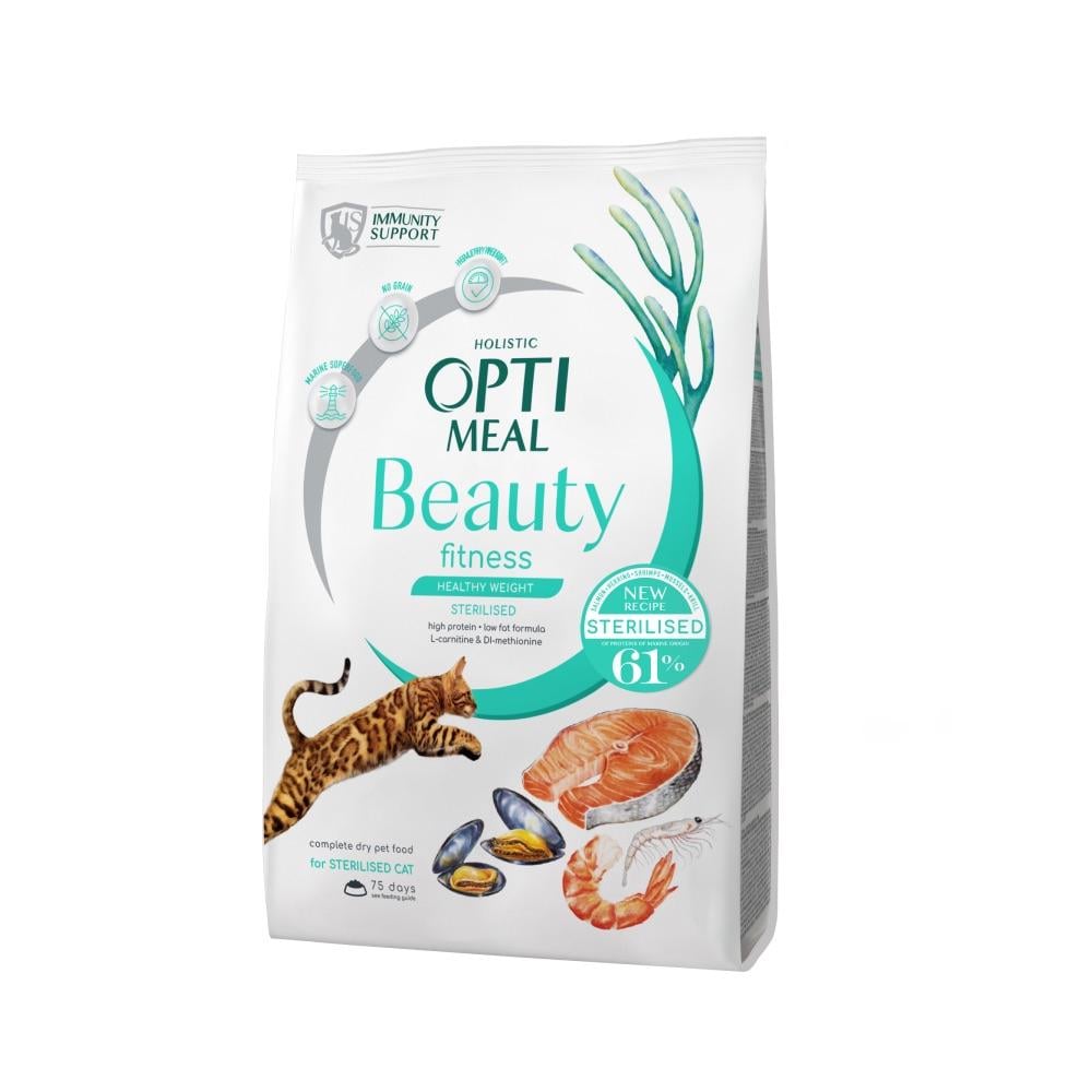 Корм сухой Optimeal Beauty Fitness Sterilised Healthy Weight с морепродуктами для поддержания общего физического состояния у взрослых стерилизованных кошек, 1,5 кг (366861)