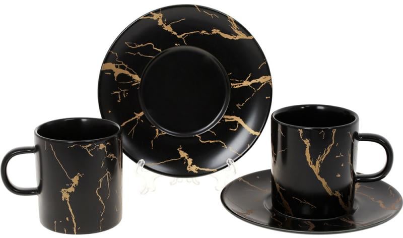 Чайный набор фарфоровый Мраморная Роскошь 2 чашки 220 мл и 2 блюдца Черный/Золотой (BD-805-717)