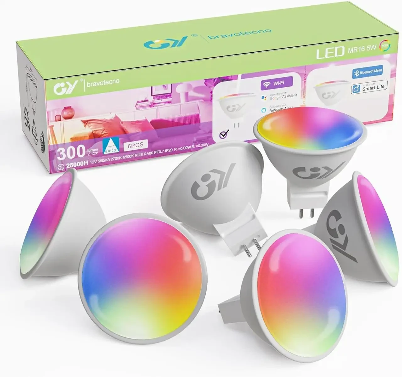 Набор ламп умных точечных LED GY Smart Life MR16 GU5.3 5W RGB/CW 12V Wi-Fi/Bluetooth 6 шт.